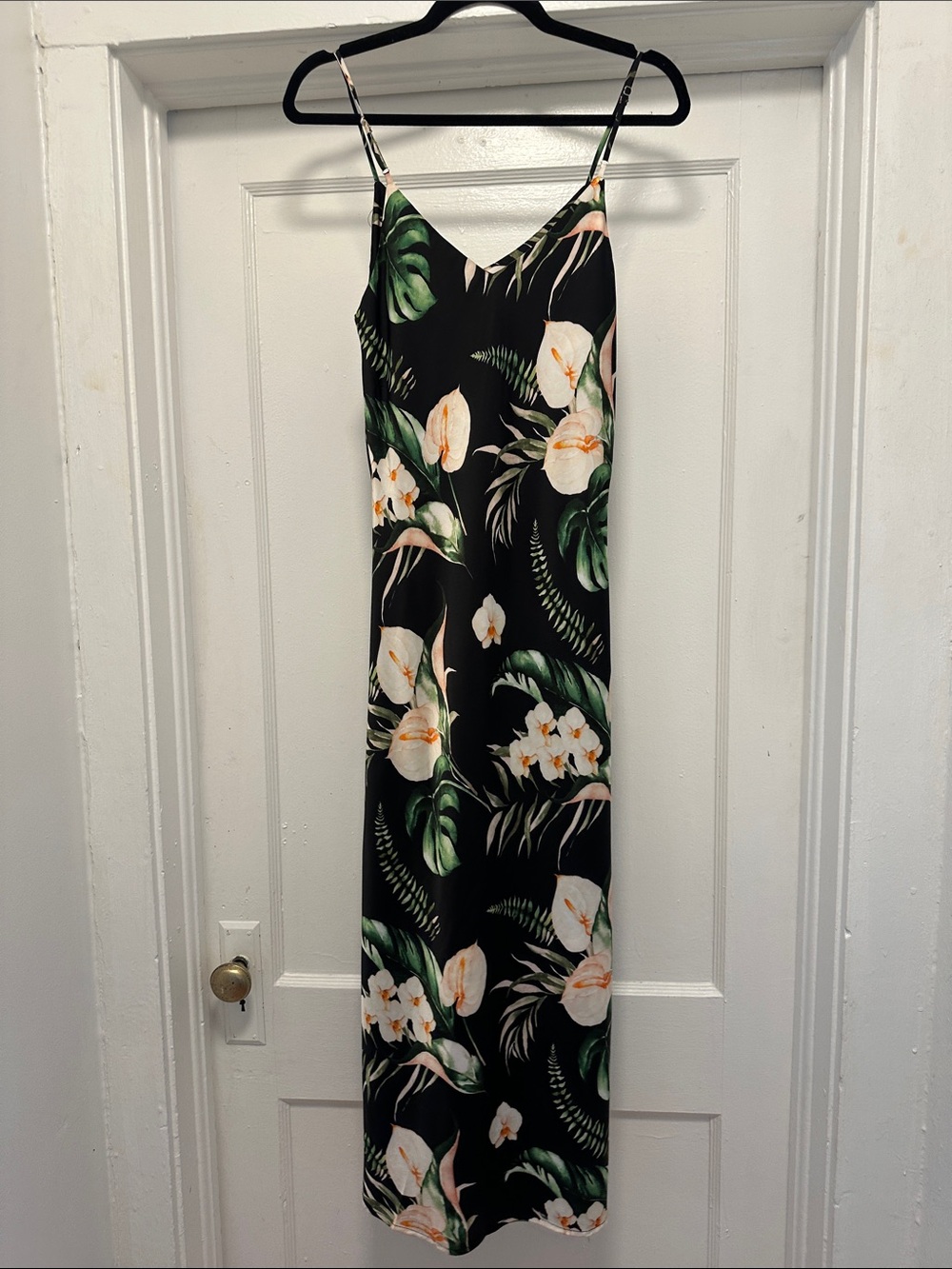 Black Floral Maxi Slip Dress with Green Tropical Leaves - Picture 3 of 4